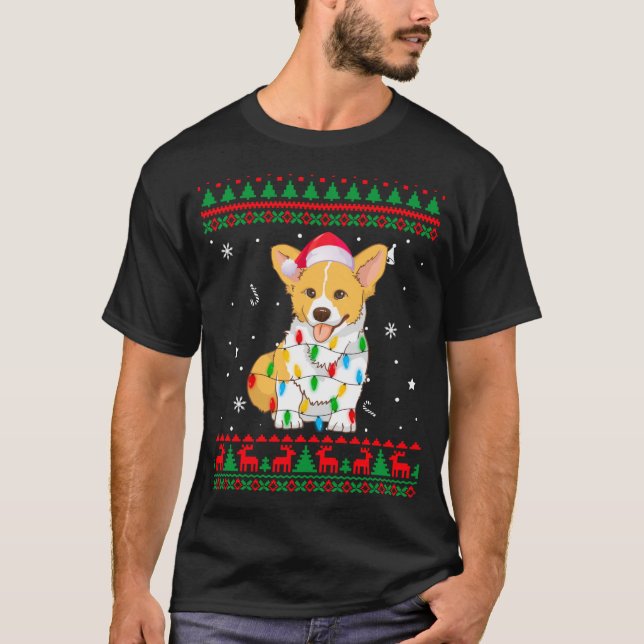 Xmas Ugly Sweater Christmas Lights Corgi Dog Lover T-Shirt (Vorderseite)