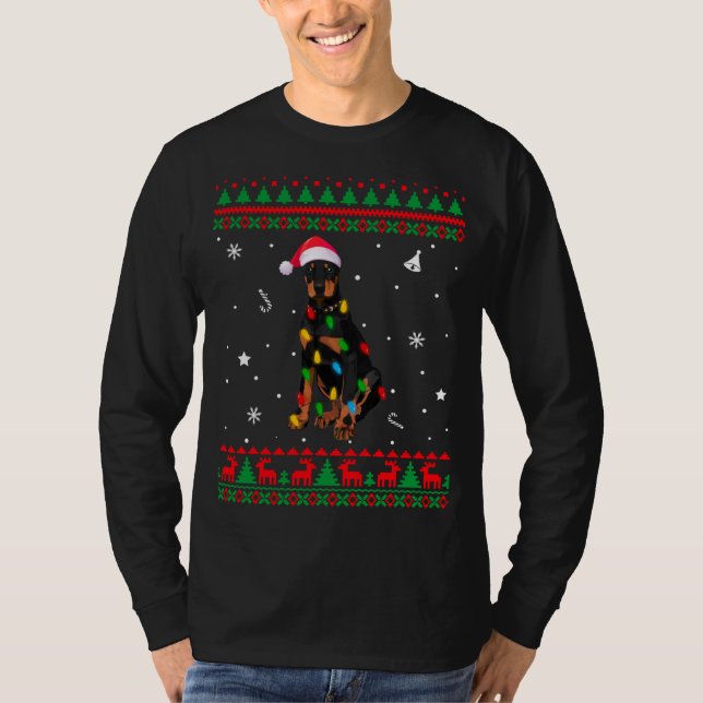 Xmas Ugly Sweater Christmas Lights Doberman Dog Lo T-Shirt (Vorderseite)
