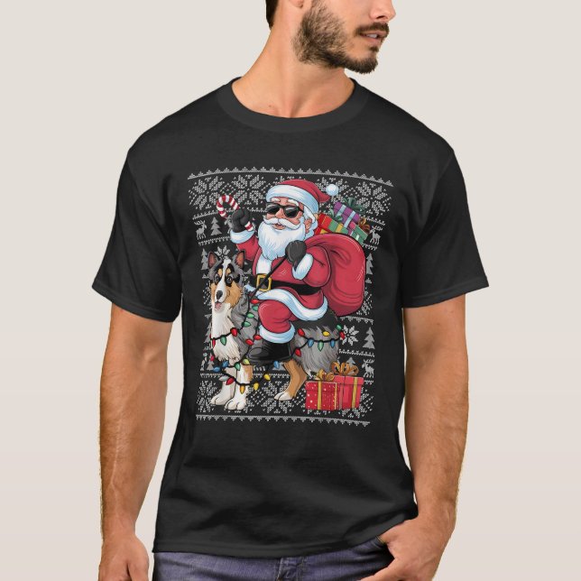 Xmas Ugly Sweater Santa Riding Shetland Sheepdog C T-Shirt (Vorderseite)