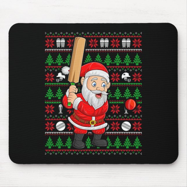 Xmas Ugly Sweater Style Santa Playing Cricket Chri Mousepad (Vorne)