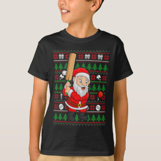 Xmas Ugly Sweater Style Santa Playing Cricket Chri T-Shirt