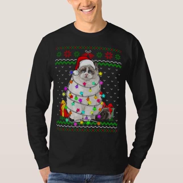 Xmas Ugly Sweater Weihnachtsbeleuchtung Cat Kitten T-Shirt (Vorderseite)