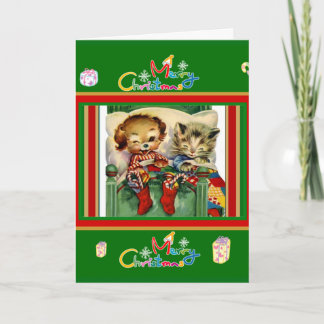 Xmas Vintag Card Frohe Weihnachtskätzchen Hund Feiertagskarte