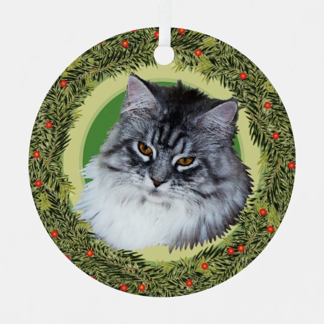 XMas Wreath Maine Coon Cat Ornament Aus Metall (Vorderseite)