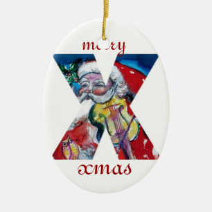 XMAS X SCHREIBEN /SANTA CLAUS MIT VIOLIN MONOGRAMM KERAMIK ORNAMENT