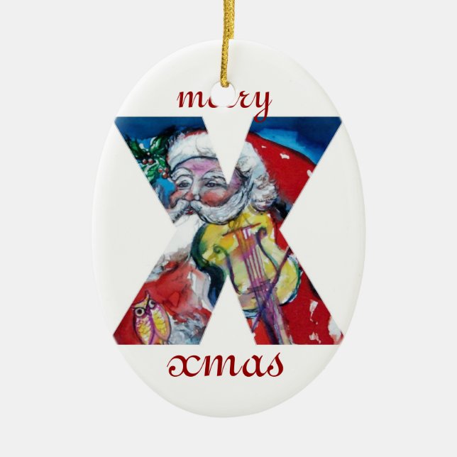 XMAS X SCHREIBEN /SANTA CLAUS MIT VIOLIN MONOGRAMM KERAMIK ORNAMENT (Vorne)