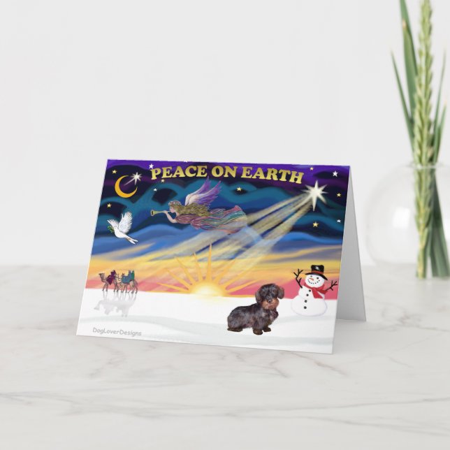 XmasSunrise-Drahthaar-Dackel Feiertagskarte (Vorderseite)