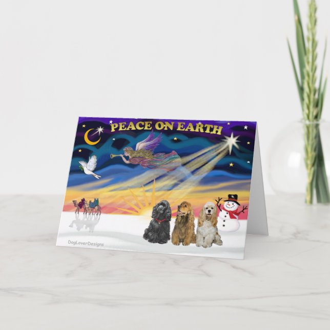 XmasSunrise-Three-Cocker-Spaniels Feiertagskarte (Vorderseite)