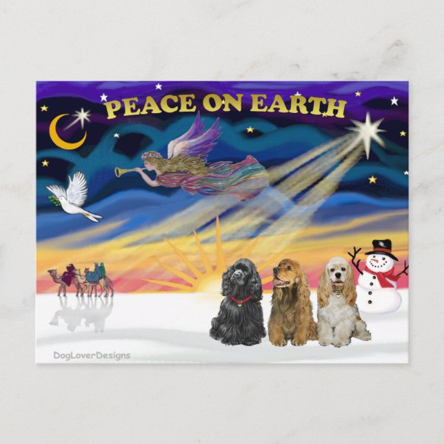 XmasSunrise-Three-Cocker-Spaniels Feiertagspostkarte (Vorderseite)