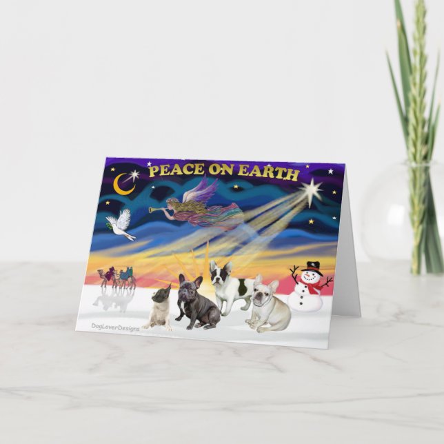 XmasSunrise-Vier FranzösischBulldogs Feiertagskarte (Vorderseite)