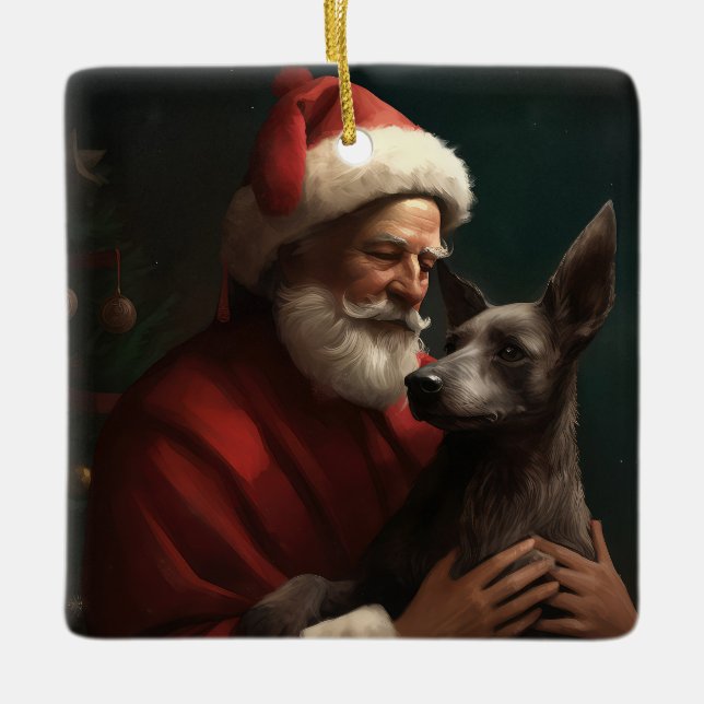 Xoloitzcuintli mit dem Weihnachtsmann Weihnachten Keramikornament (Vorderseite)