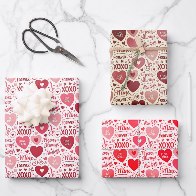 XOXO & Always Be Mine Valentine Wrapping Paper Geschenkpapier Set (Vorderseite)