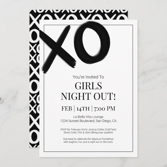 XOXO Girls Night Out Black Bestie Galentine Party Einladung (Vorne/Hinten)