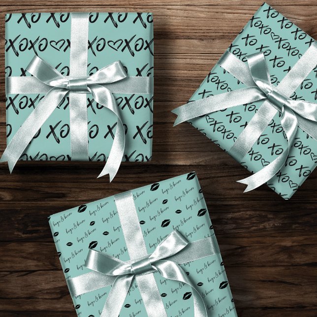 XOXO Hugs & Kisses Pinselschrift Schwarz & Mint Geschenkpapier Set (XOXO Hugs & Kisses Brush Script Black & Mint Wrapping Paper Sheets)