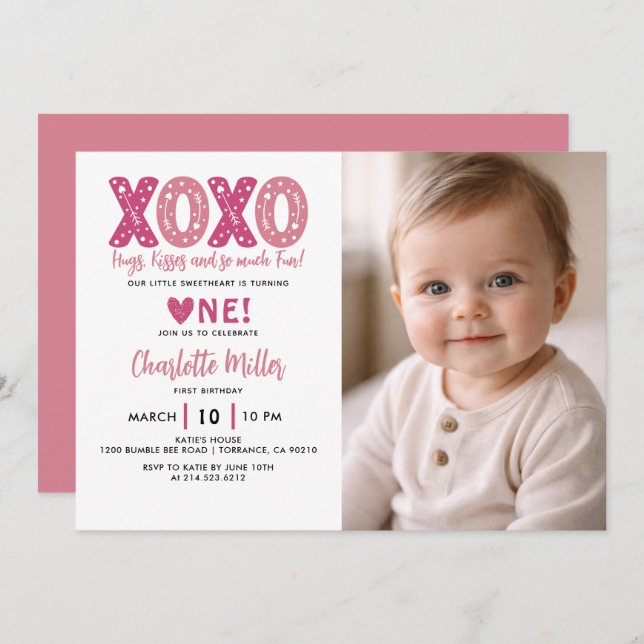  XOXO Hugs & Kisses Valentine's Day 1st Birthday Einladung (Vorne/Hinten)