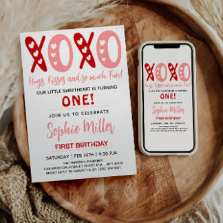 XOXO Hugs & Kisses Valentine's Day 1st Birthday Einladung