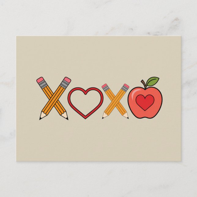 XOXO Lehrerin Valentinstag Stift und Apfel Postkarte (Vorderseite)