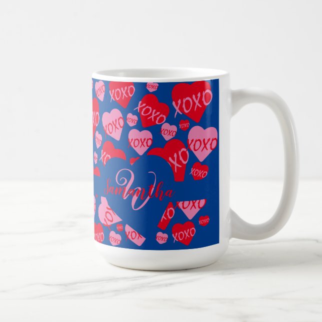 XOXO Monogramm Herz rosa rotes Muster Blau Kaffeetasse (Rechts)