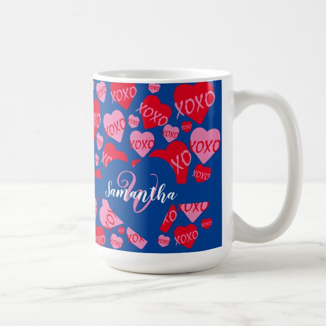 XOXO Monogramm Herz rosa rotes Muster Blau Kaffeetasse (Rechts)