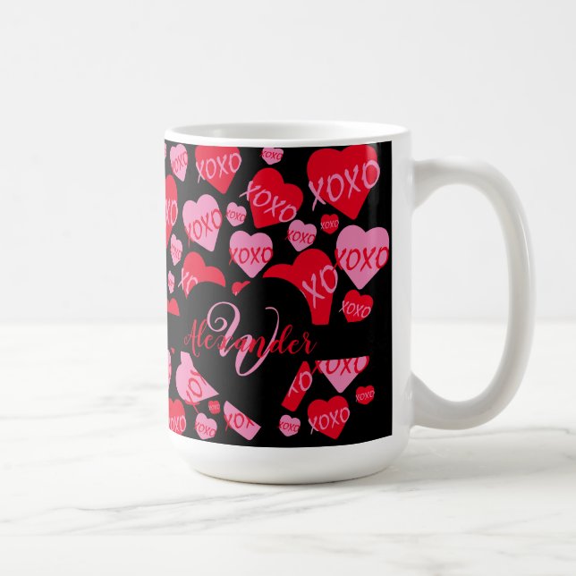 XOXO Monogramm Herz rosa rotes Muster Schwarz Kaffeetasse (Rechts)