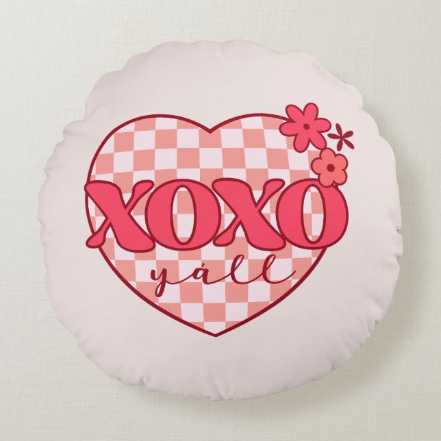 XOXO | Niedliches und liebenswertes rosa Herz Rundes Kissen (Vorderseite)