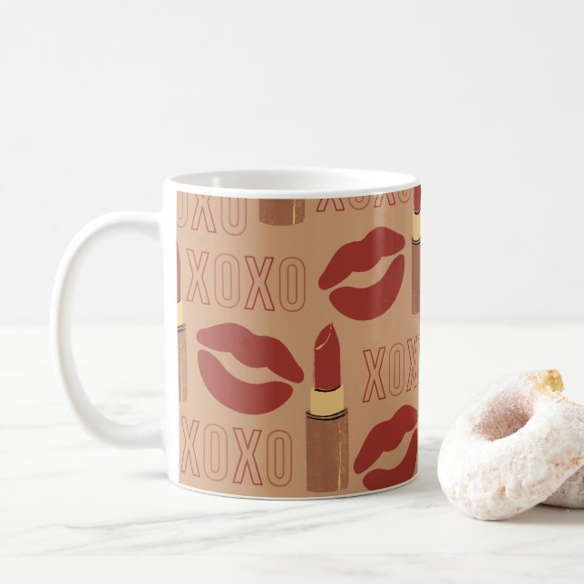 XOXO, Red Lipsticks und Kisses Pattern Kaffeetasse (Mit Donut)