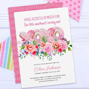 XOXO rosa Kekse Lebendige Blumen Mädchen 1. Geburt Einladung
