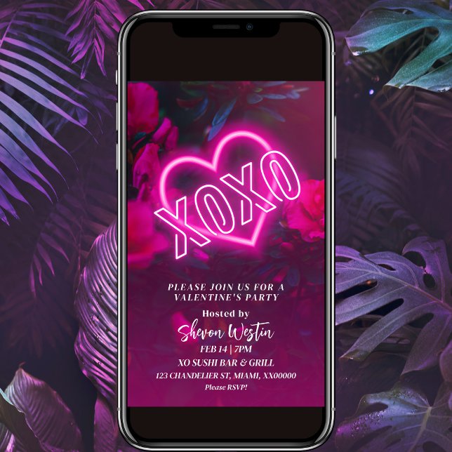 XOXO Rosa Neon Herz Valentine Party Einladung (Von Creator hochgeladen)