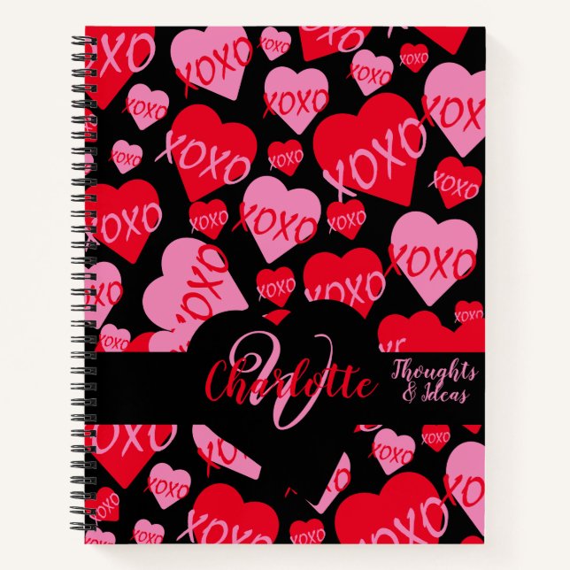 XOXO Rosa rotes Herz Muster Monogramm Liebe Schwar Notizbuch (Vorderseite)