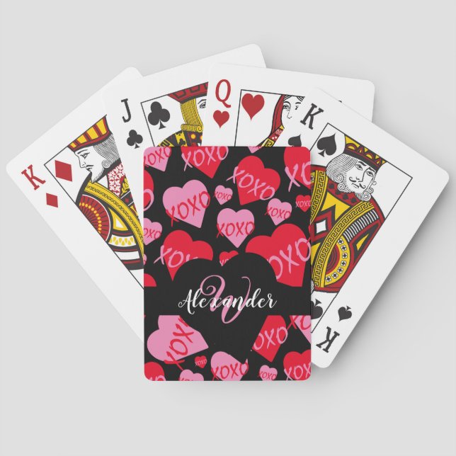 XOXO Rosa rotes Herzmuster Monogramm Blau Spielkarten (Rückseite)