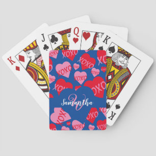 XOXO Rosa rotes Herzmuster Monogramm Blau Spielkarten