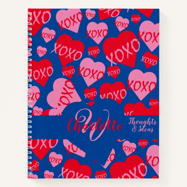 XOXO Rosa rotes Herzmuster Monogramm Liebe Blau Notizbuch (Vorderseite)