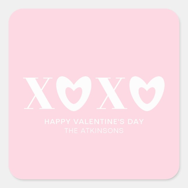 XOXO, rosa und weiße Herzenstypografie, modern nie Quadratischer Aufkleber (Vorderseite)
