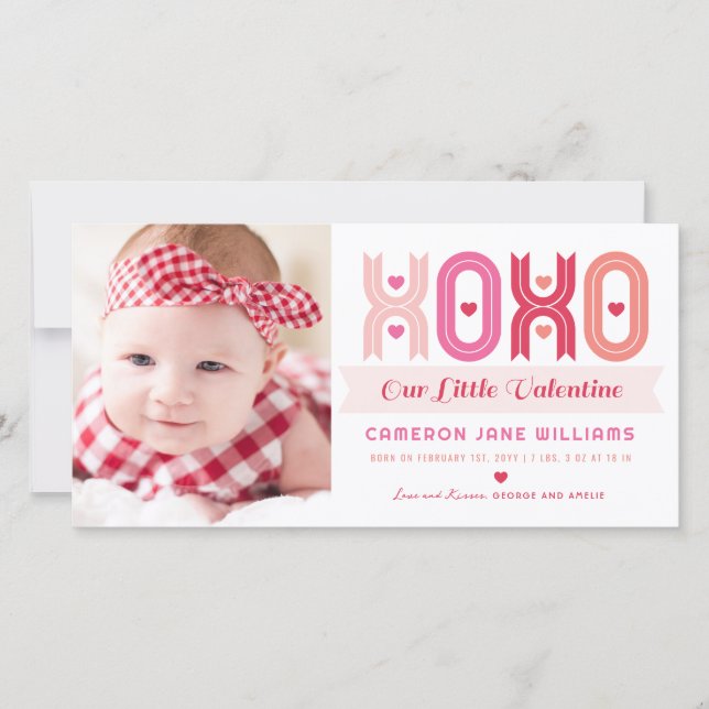 XOXO Rosa Valentine Foto Girl Birth Ankündigung (Vorderseite)