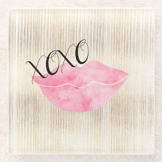 XOXO Rosa Wasserfarben Lippen Glasuntersetzer (Vorderseite)