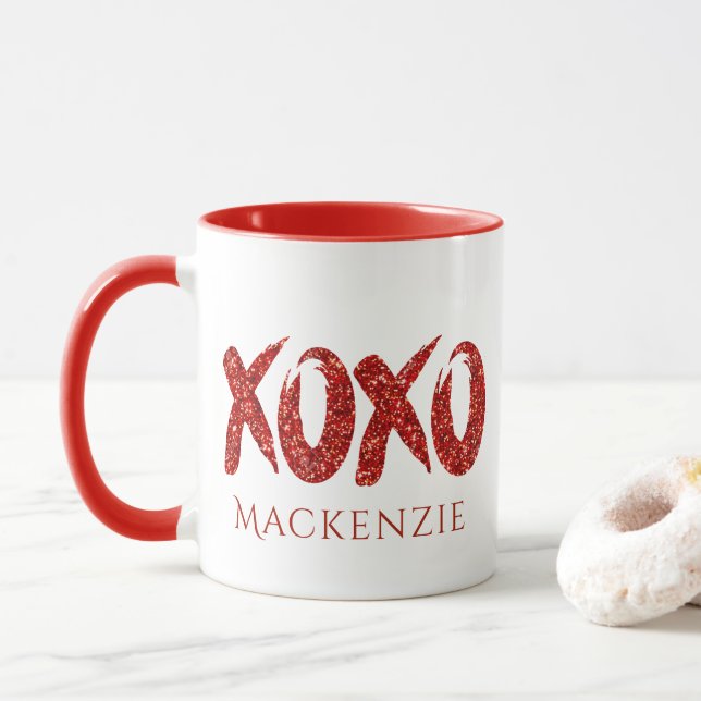 XOXO Roter Glitzer | Glam Brushstroke Hug and Kiss Tasse (Mit Donut)