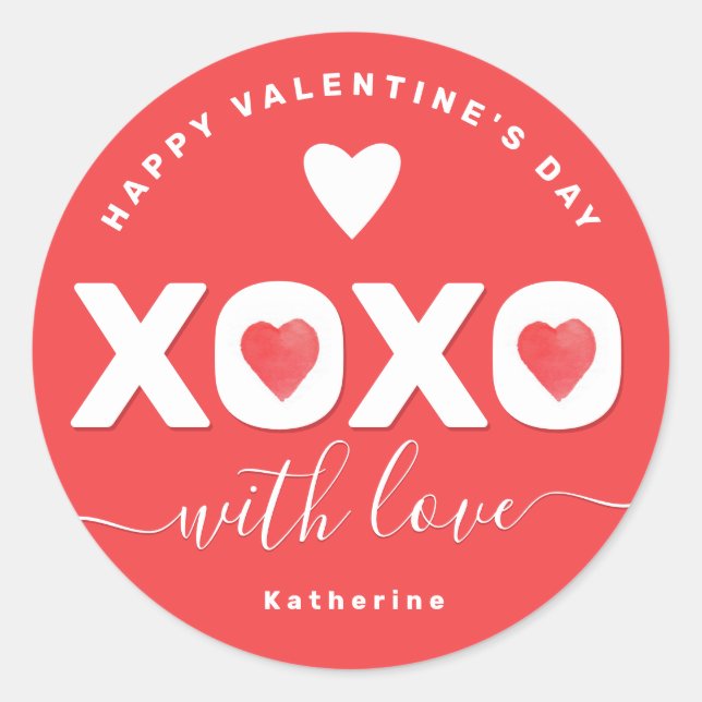 XOXO Roter Valentinstag Personalisierter Name Runder Aufkleber (Vorderseite)