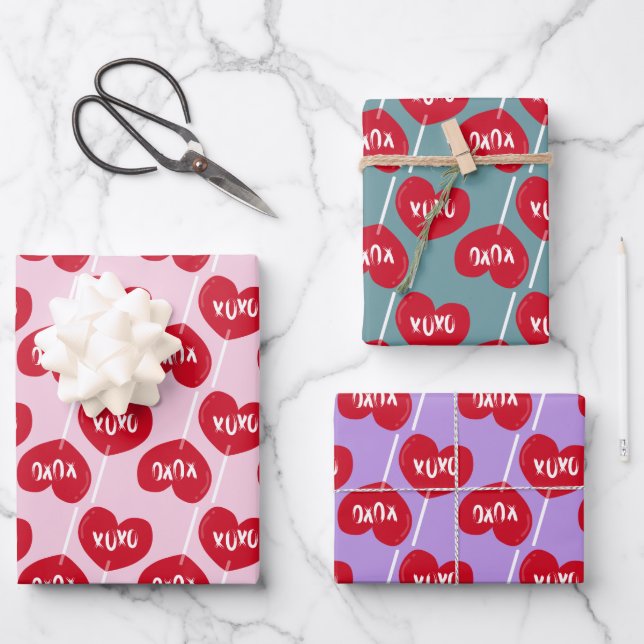Xoxo rotes Herz Lollip Muster Geschenkpapier Set (Vorderseite)