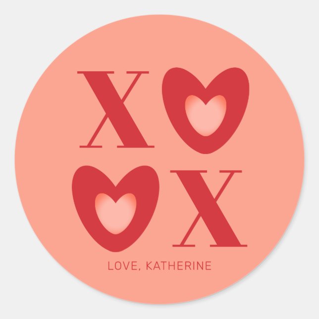 XOXO-Typografie in Rot- und Pfirsichherzen, modern Runder Aufkleber (Vorderseite)