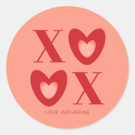 XOXO-Typografie in Rot- und Pfirsichherzen, modern Runder Aufkleber