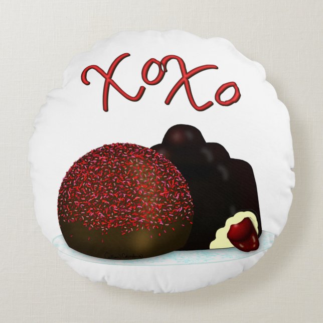 XOXO Valentine Bonbon and Dark Chocolate Rundes Kissen (Vorderseite)