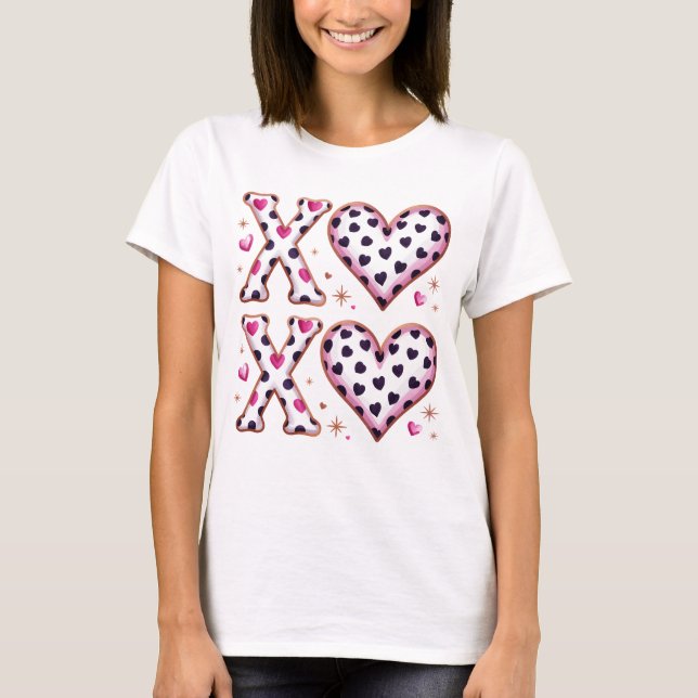 XOXO Valentine Hearts Leopard Rosa Preppy-Muster T-Shirt (Vorderseite)