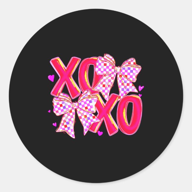 Xoxo Valentines Day Love Funny Coquette Bow Checke Runder Aufkleber (Vorderseite)