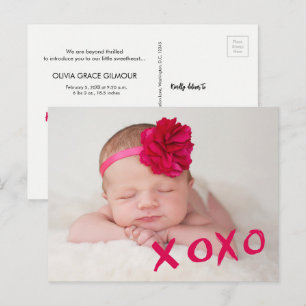 XOXO Valentins Baby Girl Custom Foto Geburtsstat Ankündigungspostkarte