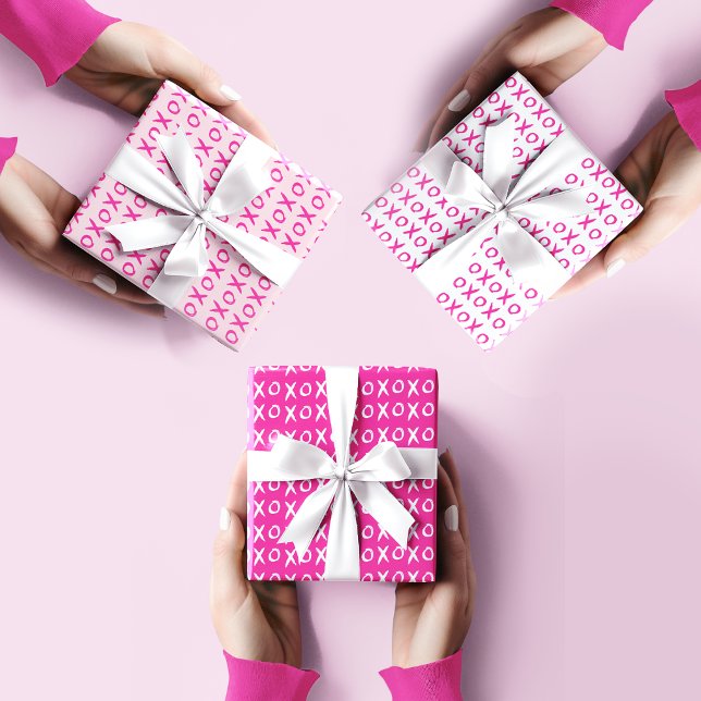 XOXO Valentinstag Galentine's HOT Pink White Geschenkpapier Set (Galentine's day gift wrap paper set. Pink XOXO pattern design.)