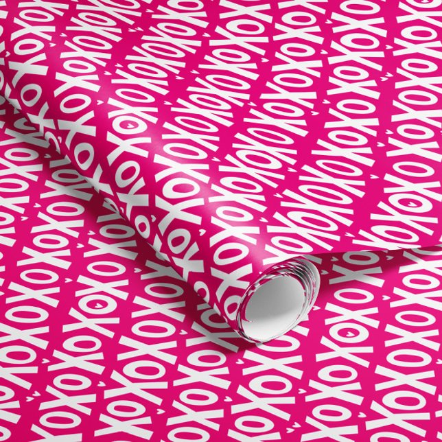 XOXO Valentinstag Packpapier (hot pink fuchsia and white XOXO patterned Valentine's Day gift wrap roll with tiny heart detail)