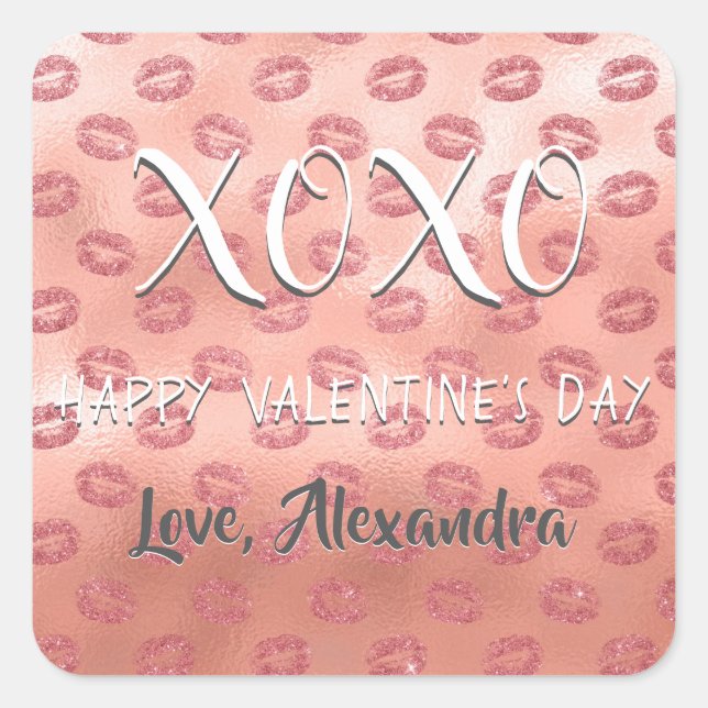 XOXO Valentinstag Rosa Rose Gold Kisses Quadratischer Aufkleber (Vorderseite)