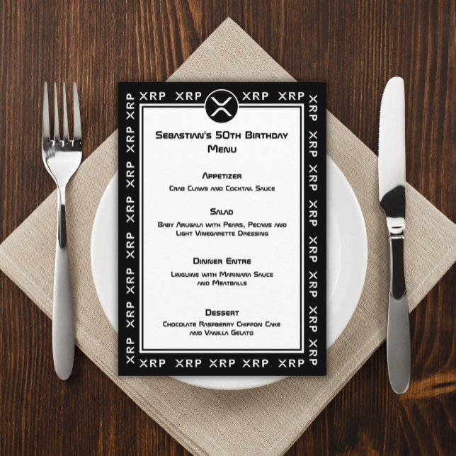 XRP Crypto Currency Black and White Flat Menü Menükarte (Black and White XRP Menu Card for Crypto Enthusiasts)