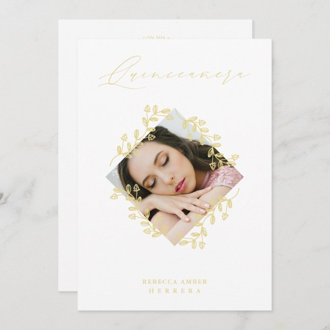 XV Años Gold Diamond Wildblume Weißes Foto Einladung (Vorne/Hinten)