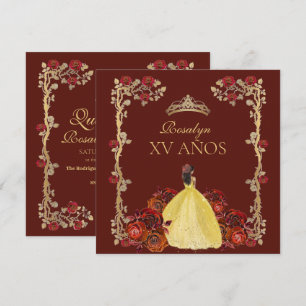 xv AÑOS Gold und Burgunderrote Rosen-Quinceañera Einladung